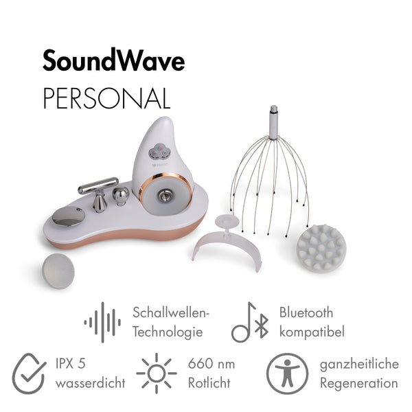Das Schallwellentherapiegerät Evosonics SoundWave Personal mit allen Aufsätzen und erklärenden Icons vor weißen Hintergrund